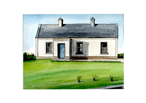 An old Irish Cottage East Galway, Ireland.  Pen and Watercolor Original Painting.
