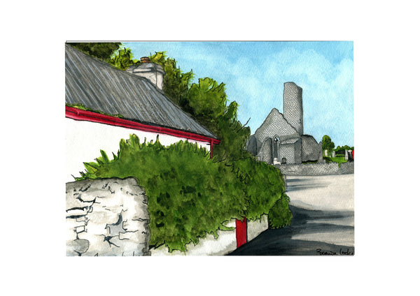 Aghagower Round Tower, Aghagower, Co. Mayo, Ireland. Pen and Watercolor Original Painting.