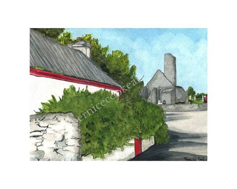 Aghagower Round Tower, Co. Mayo - Pen & Watercolor Sketch - Giclée Print by Bernice Cooke - Mounted to 10" x 8"