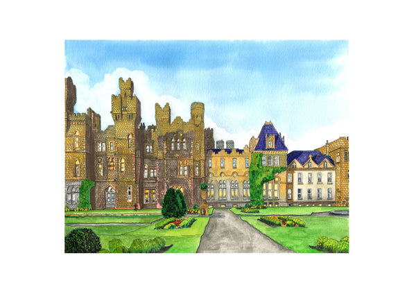 Ashford Castle, Cong, Co. Mayo, Ireland.  Pen and Watercolor Original Painting.