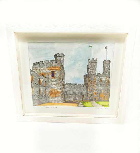 Caernarfon Castle, Gwynedd, North West Wales. Pen and Watercolor Original Painting.