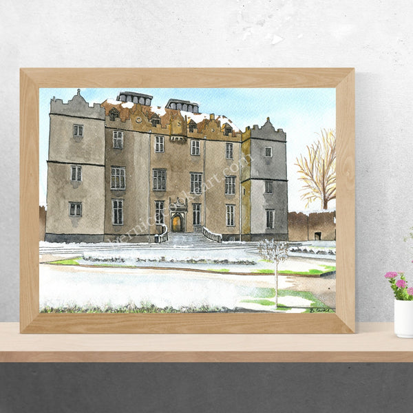 Portumna Castle and Gardens at Winter - Pen & Watercolor Sketch - Giclée Print by Bernice Cooke - Mounted to 10" x 8".