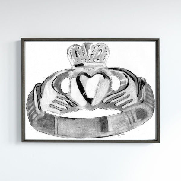 The Claddagh Ring, Galway - Graphite, Pencil and Charcoal - Giclée Print by Bernice Cooke - Mounted to 10" x 8".