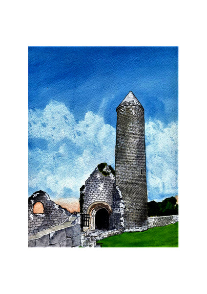 Teampull Finghin, Clonmacnoise, Co.Offaly, Ireland. Pen and Watercolor Original Painting.