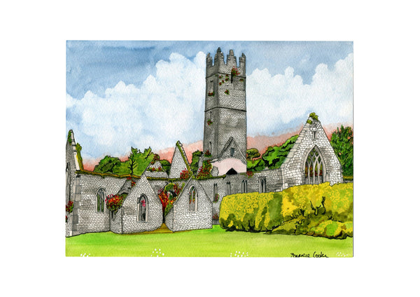 Adare Franciscan Friary, Adare, Co. Limerick, Ireland.  Pen and Watercolor Original Painting.