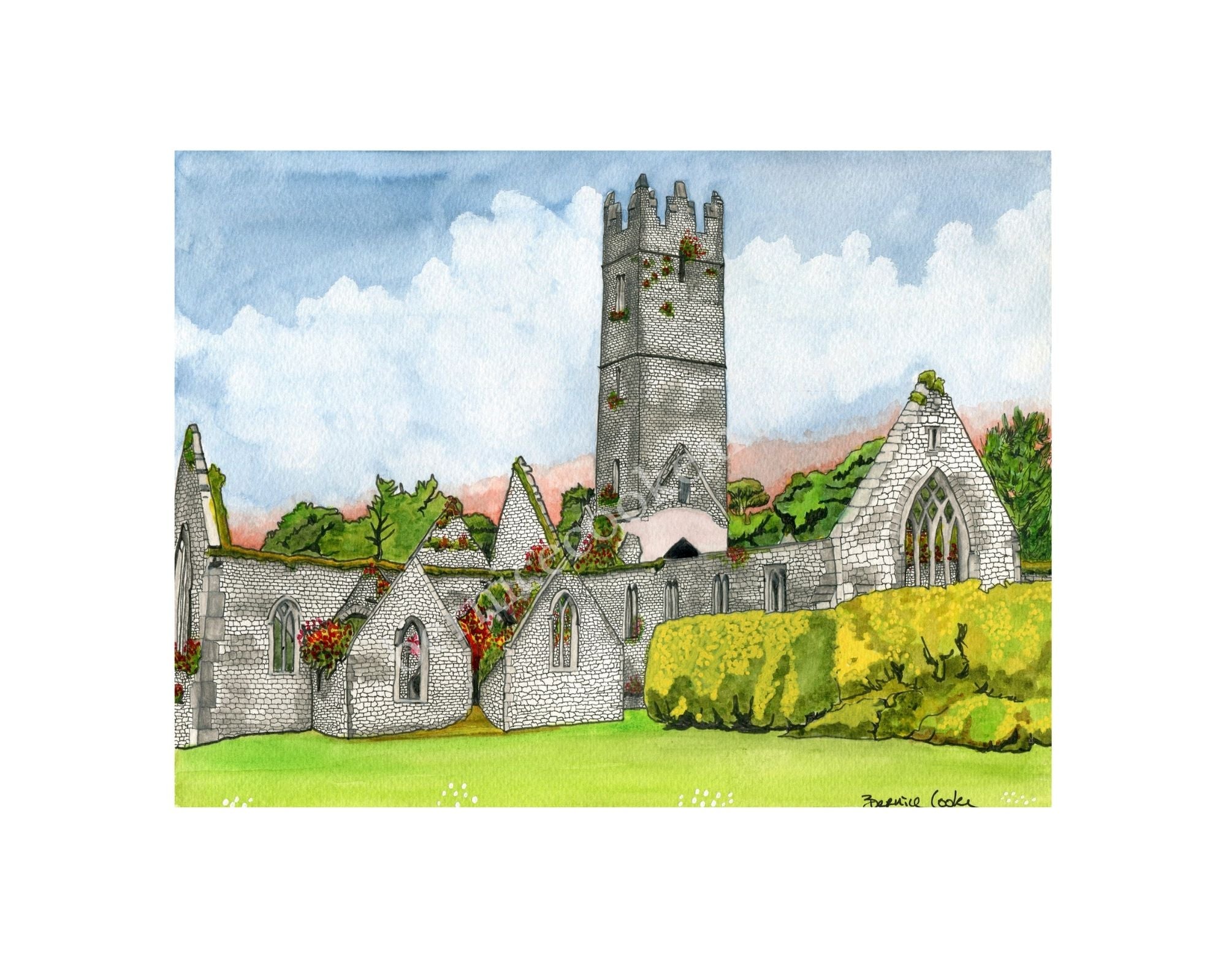 Adare Franciscan Friary, Adare, Co. Limerick - Pen & Watercolor Sketch - Giclée Print by Bernice Cooke - Mounted to 10" x 8"