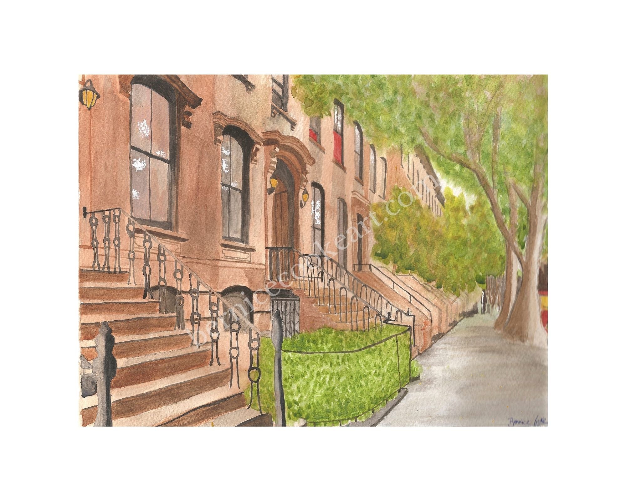 Brownstone New York - Pen & Watercolor Sketch - Giclée Print by Bernice Cooke - Mounted to 10" x 8".