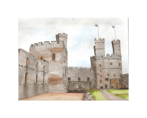 Caernarfon Castle, North Wales - Pen & Watercolor Sketch - Giclée Print by Bernice Cooke - Mounted to 10"x 8".
