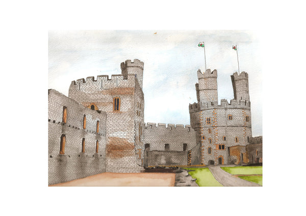 Caernarfon Castle, Gwynedd, North West Wales. Pen and Watercolor Original Painting.