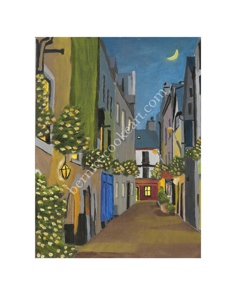 Kirwans Lane at Christmas, Galway - Acrylic & Oil Painting - Giclée Print by Bernice Cooke - Mounted to 8" x 10".