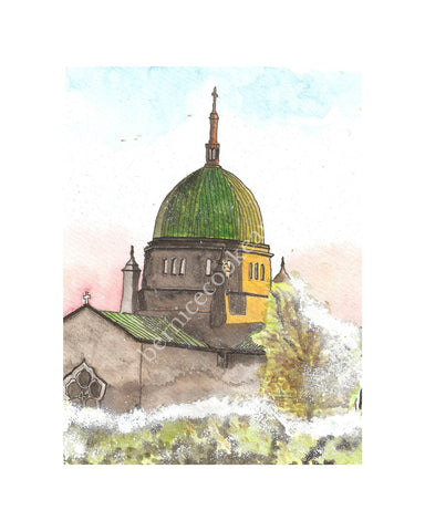 Galway Cathedral, Winter Scene - Pen & Watercolor Sketch - Giclée Print by Bernice Cooke - Mounted to 8" x 10".
