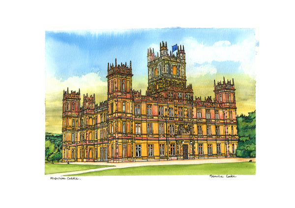 The Real Downton Abbey - Highclere Castle, Newbury, England.  Pen and Watercolor Original Painting.