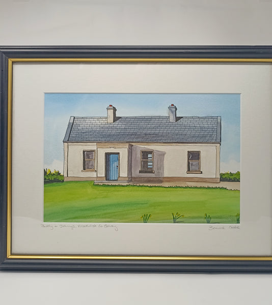 An old Irish Cottage East Galway, Ireland.  Pen and Watercolor Original Painting.