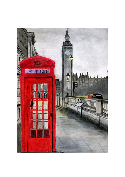 London Calling, England. Pen and Watercolor Original Painting.