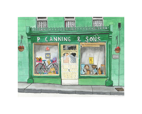 Old Shop Front, Woodford, Co. Galway - Pen & Watercolor Sketch - Giclée Print by Bernice Cooke - Mounted to 10" x 8".