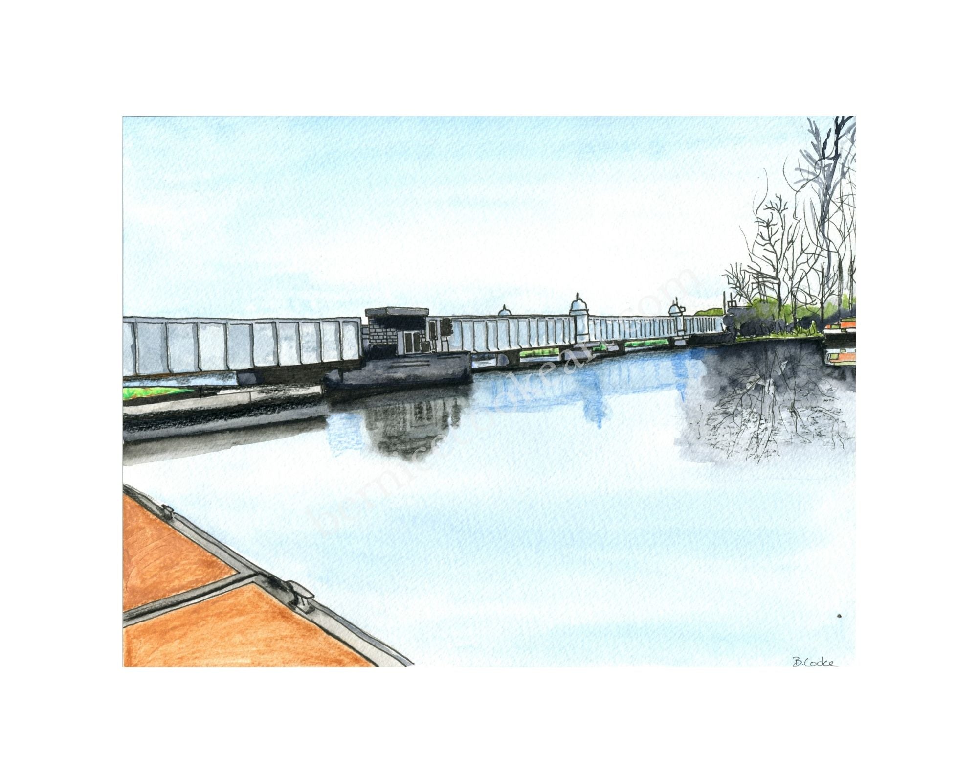 Portumna Bridge, Co. Galway - Pen & Watercolor Sketch - Giclée Print by Bernice Cooke - mounted to 10" x 8".
