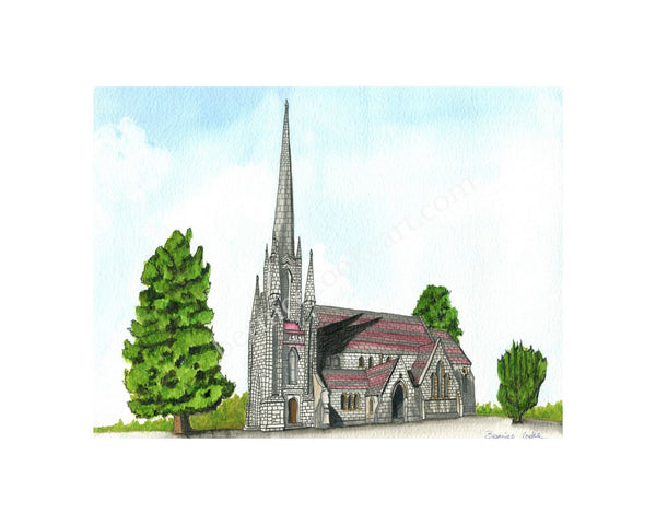 St. Michael and All Angels Church, Abbeyleix, Co. Laois - Pen & Watercolor Sketch - Giclée Print by Bernice Cooke - Mounted to 10" x 8".