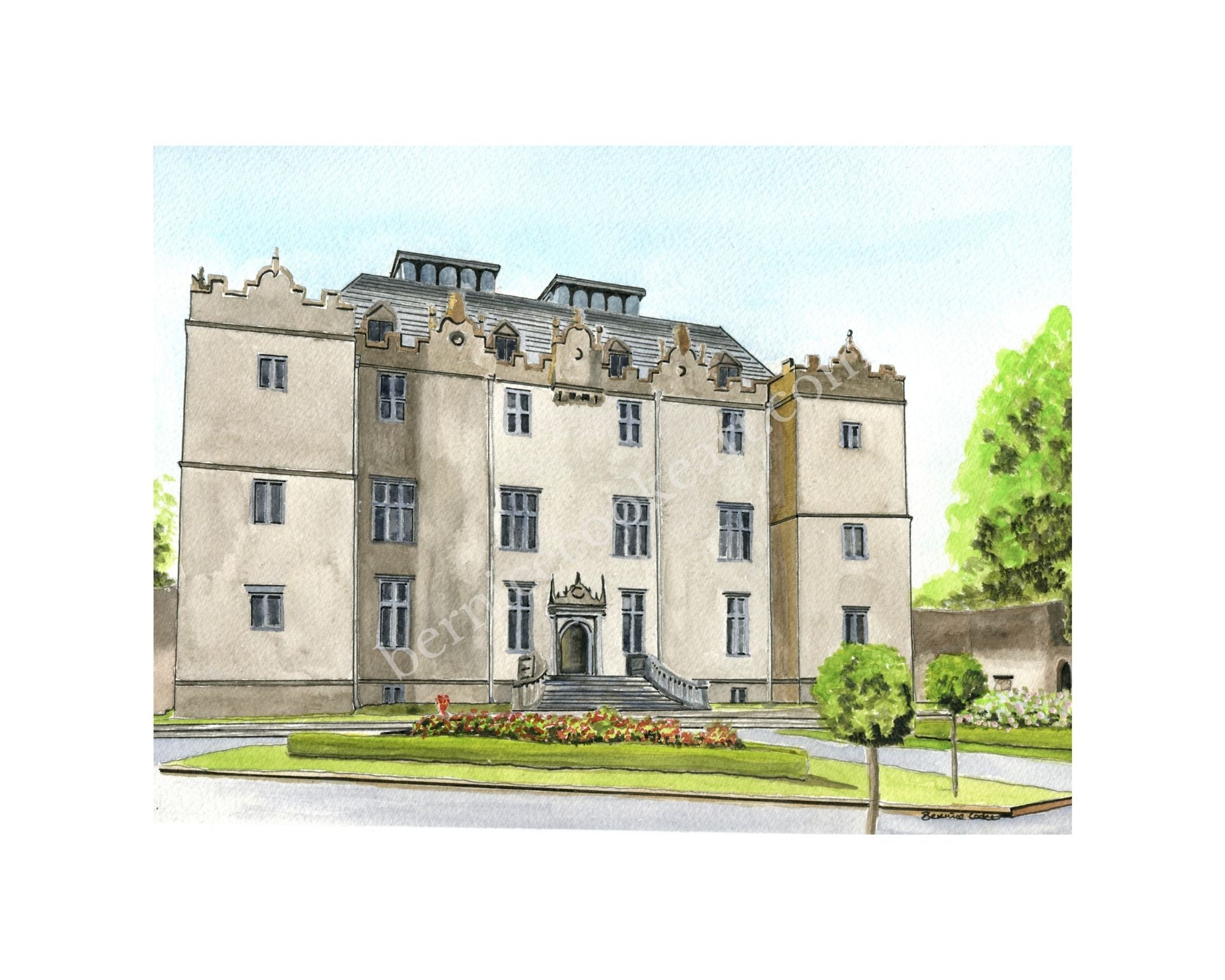 Summer at Portumna Castle, Co. Galway - Pen & Watercolor Sketch - Giclée Print by Bernice Cooke - mounted to 10" x 8".