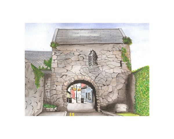 The Tholsel Gate, Tholsel Street, Carlingford - Pen & Watercolor Sketch - Giclée Print by Bernice Cooke - mounted to 10" x 8".