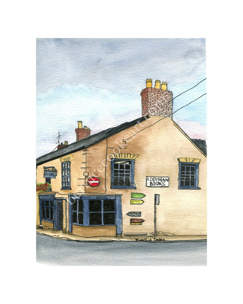The town of Books, Hay on Wye - Pen & Watercolor Sketch - Giclée Print by Bernice Cooke - mounted to 8" x 10".