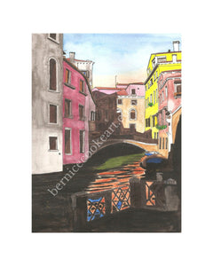 Venice Canal, Italy - Pen & Watercolor Sketch - Giclée Print by Bernice Cooke - Mounted to 8" x 10".