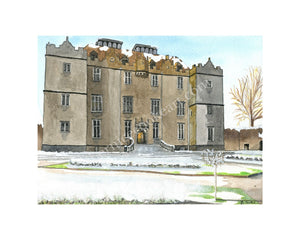 Portumna Castle and Gardens at Winter - Pen & Watercolor Sketch - Giclée Print by Bernice Cooke - Mounted to 10" x 8".
